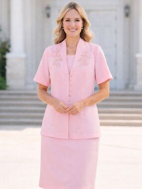 Vintage 90s Blush Pink Skirt Suit Set Size 18 Embellished Modest Occasion